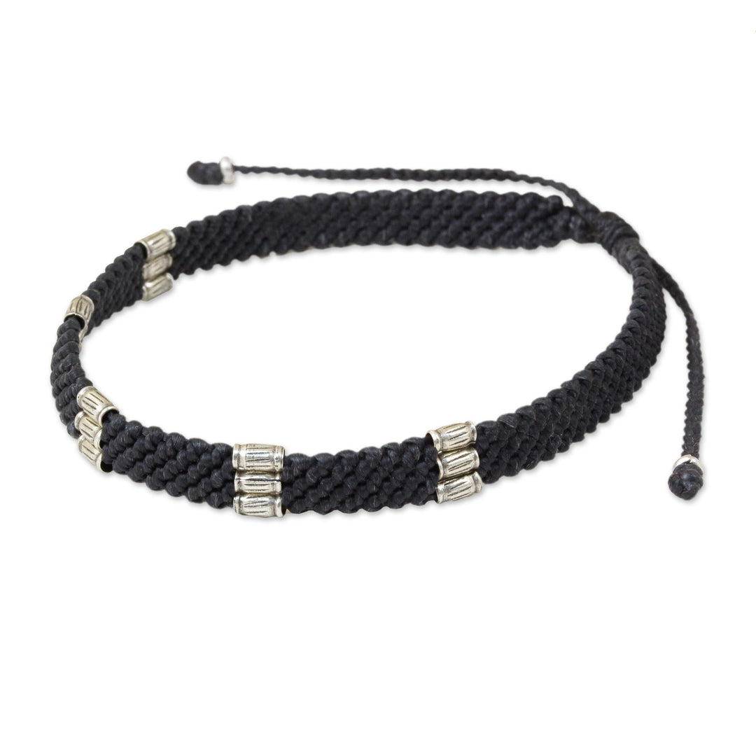 950 Silver Accent Wristband Bracelet from Thailand - Karen Bamboo in Charcoal