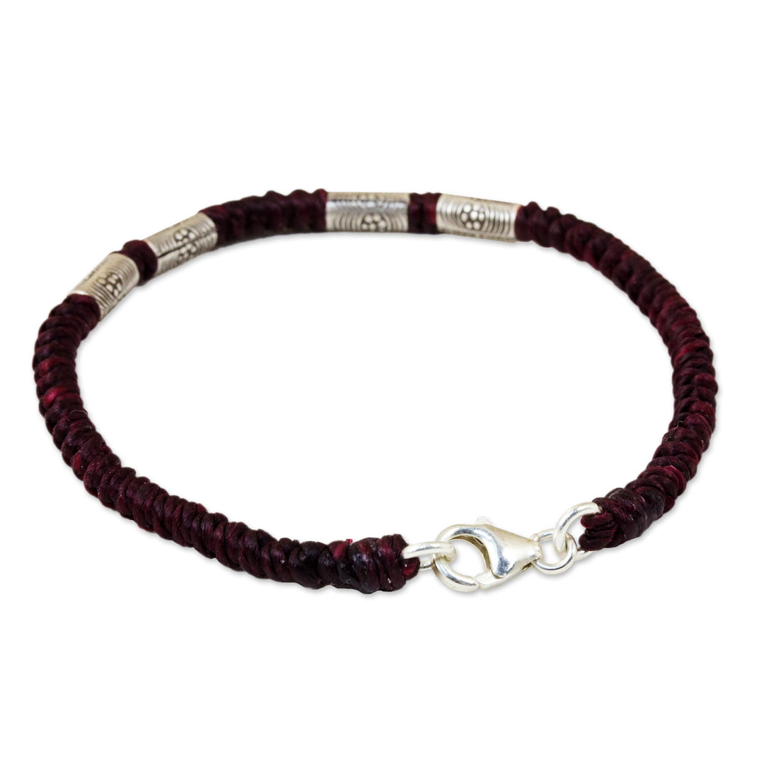 950 Silver Accent Wristband Braided Bracelet from Thailand - Simply Happy in Maroon