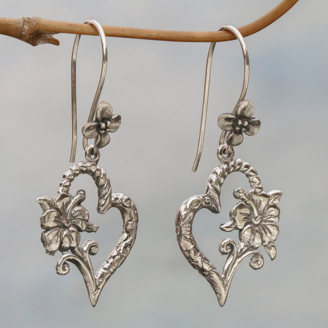 Indonesian 925 Sterling Silver Flower Heart Dangle Earrings - Hibiscus Bloom