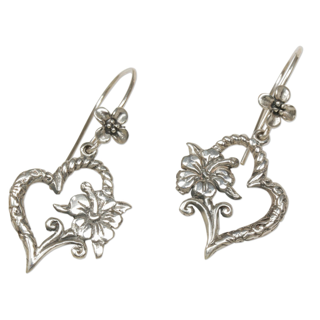 Indonesian 925 Sterling Silver Flower Heart Dangle Earrings - Hibiscus Bloom