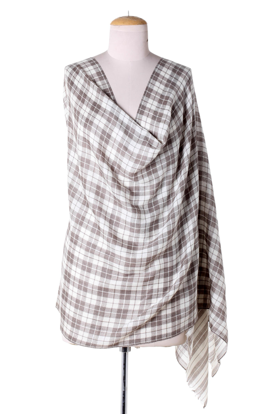 Wool Shawl from India Grey Checkered Pattern over Cream - Salient Paths