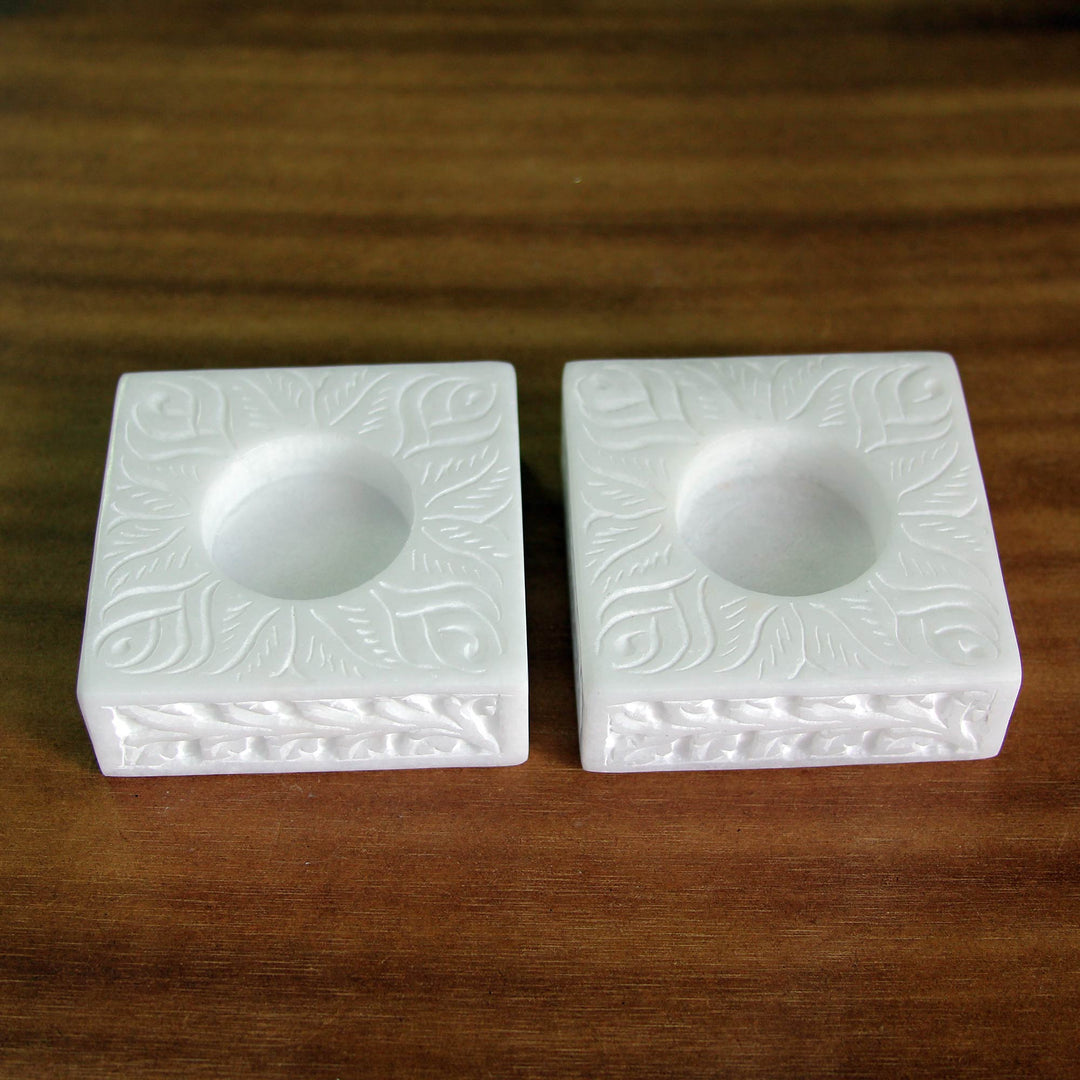 Square Marble Tealight Holder with Engraved Vines (Pair) - White Garden