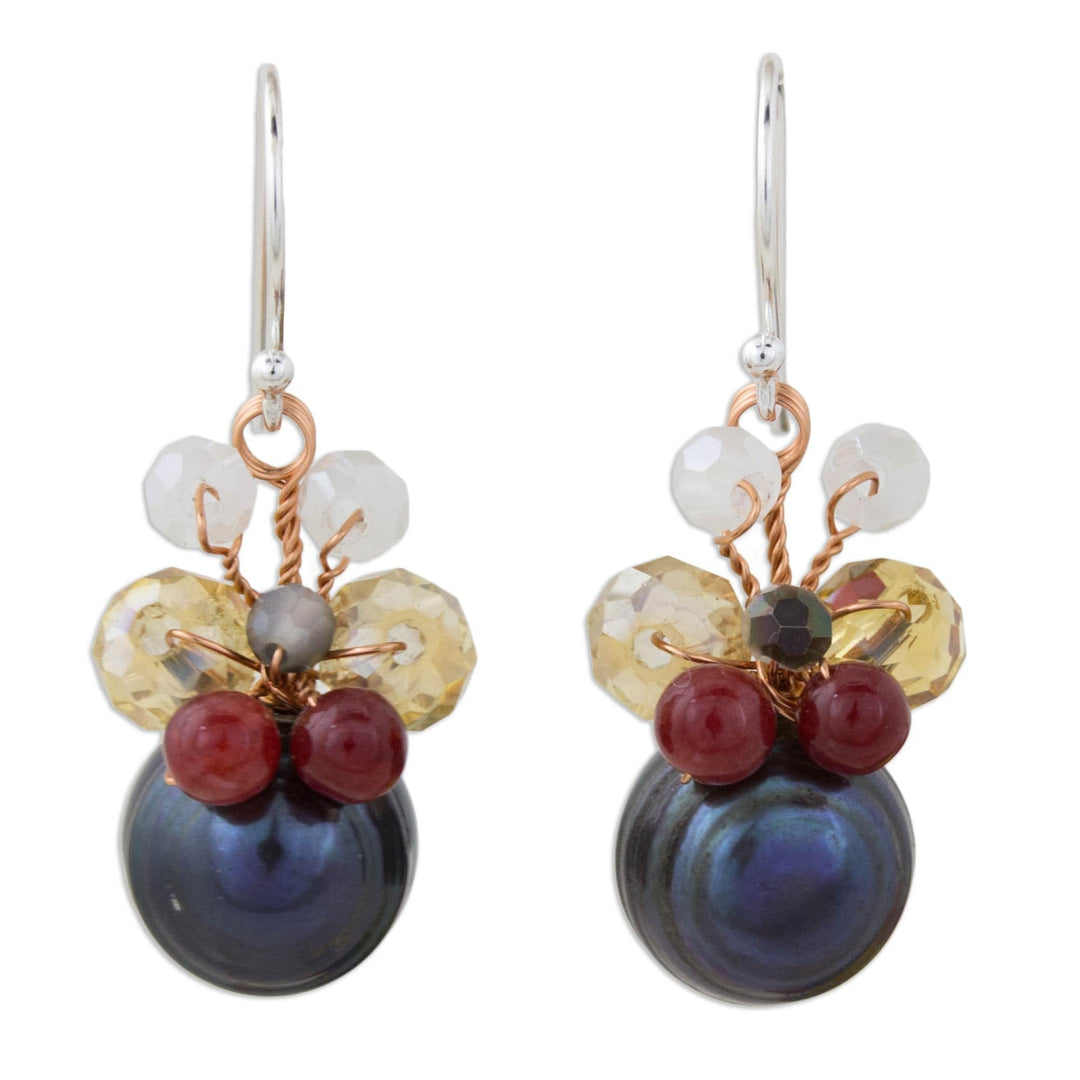 Black Cultured Pearl Dangle Earrings with Butterfly Motif - Butterfly Party in Black