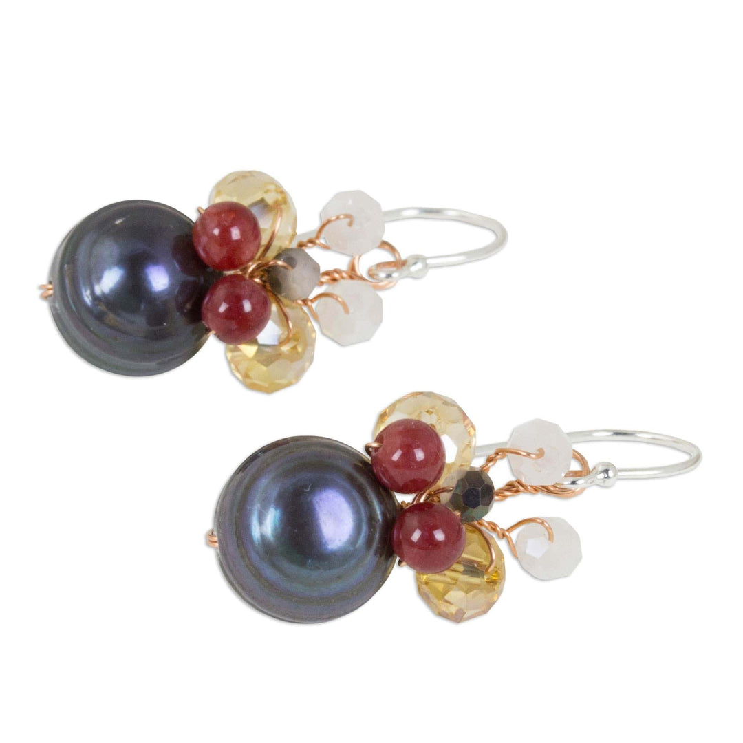 Black Cultured Pearl Dangle Earrings with Butterfly Motif - Butterfly Party in Black