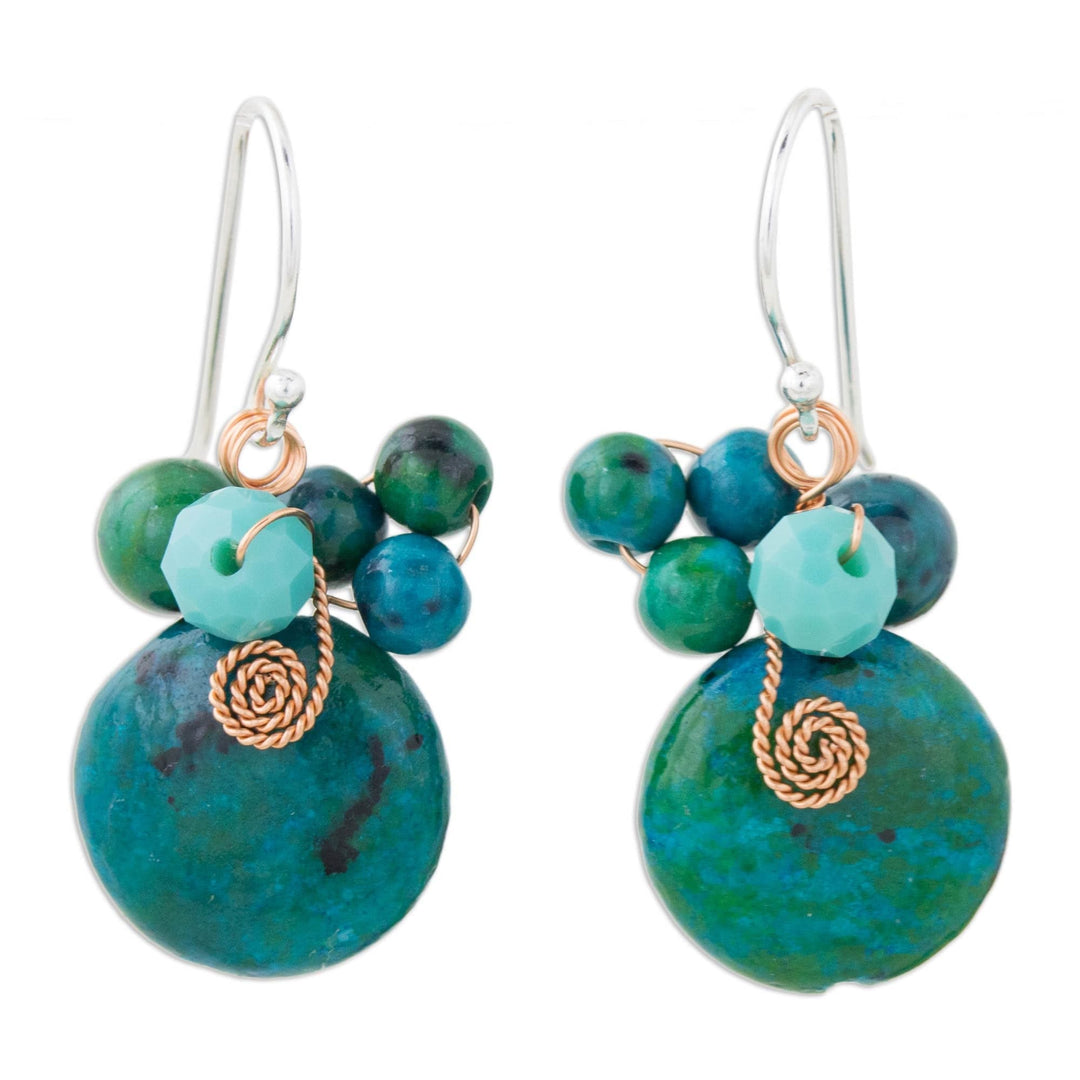 Teal Serpentine and Glass Bead Dangle Earrings with Copper - Moonlight Garden in Teal