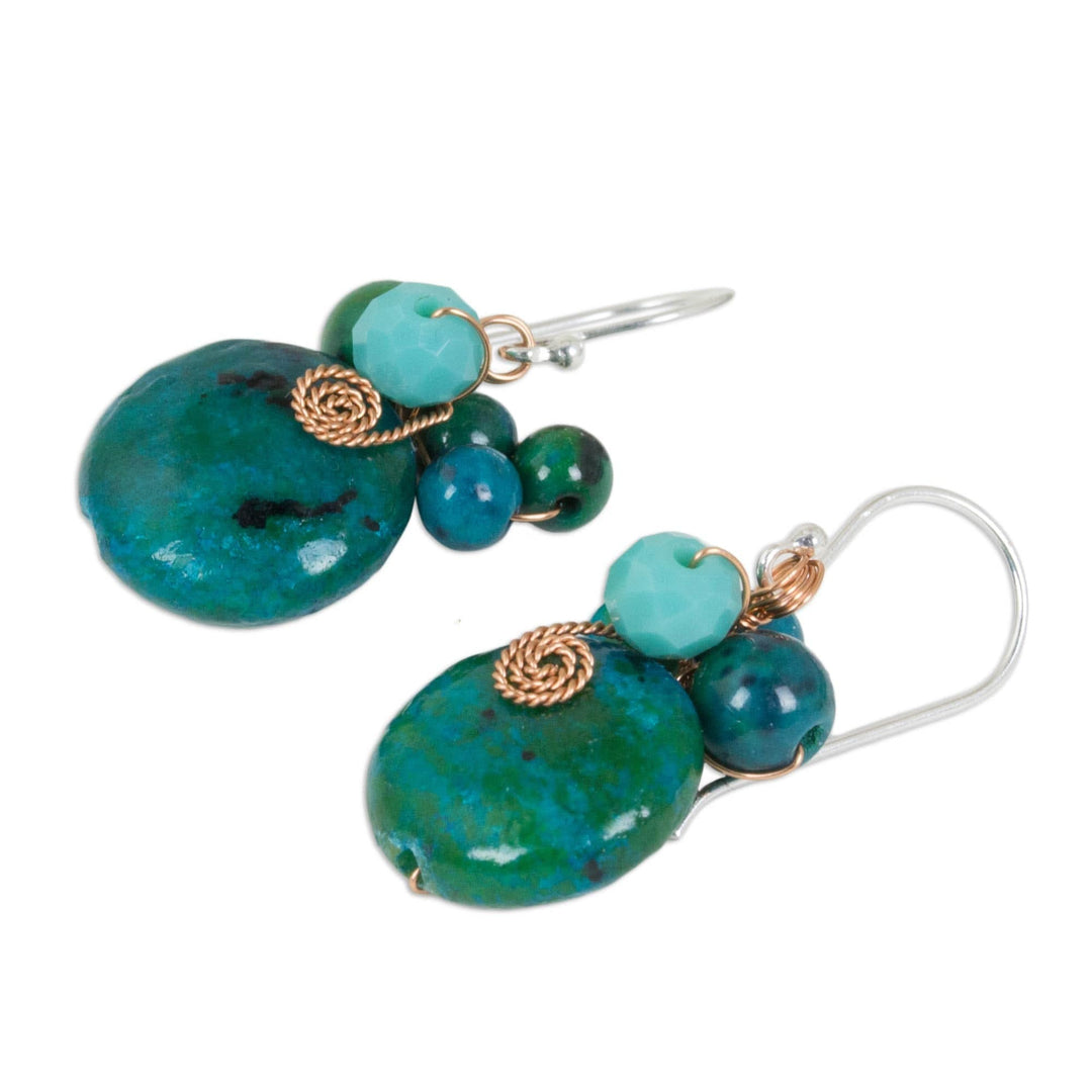 Teal Serpentine and Glass Bead Dangle Earrings with Copper - Moonlight Garden in Teal
