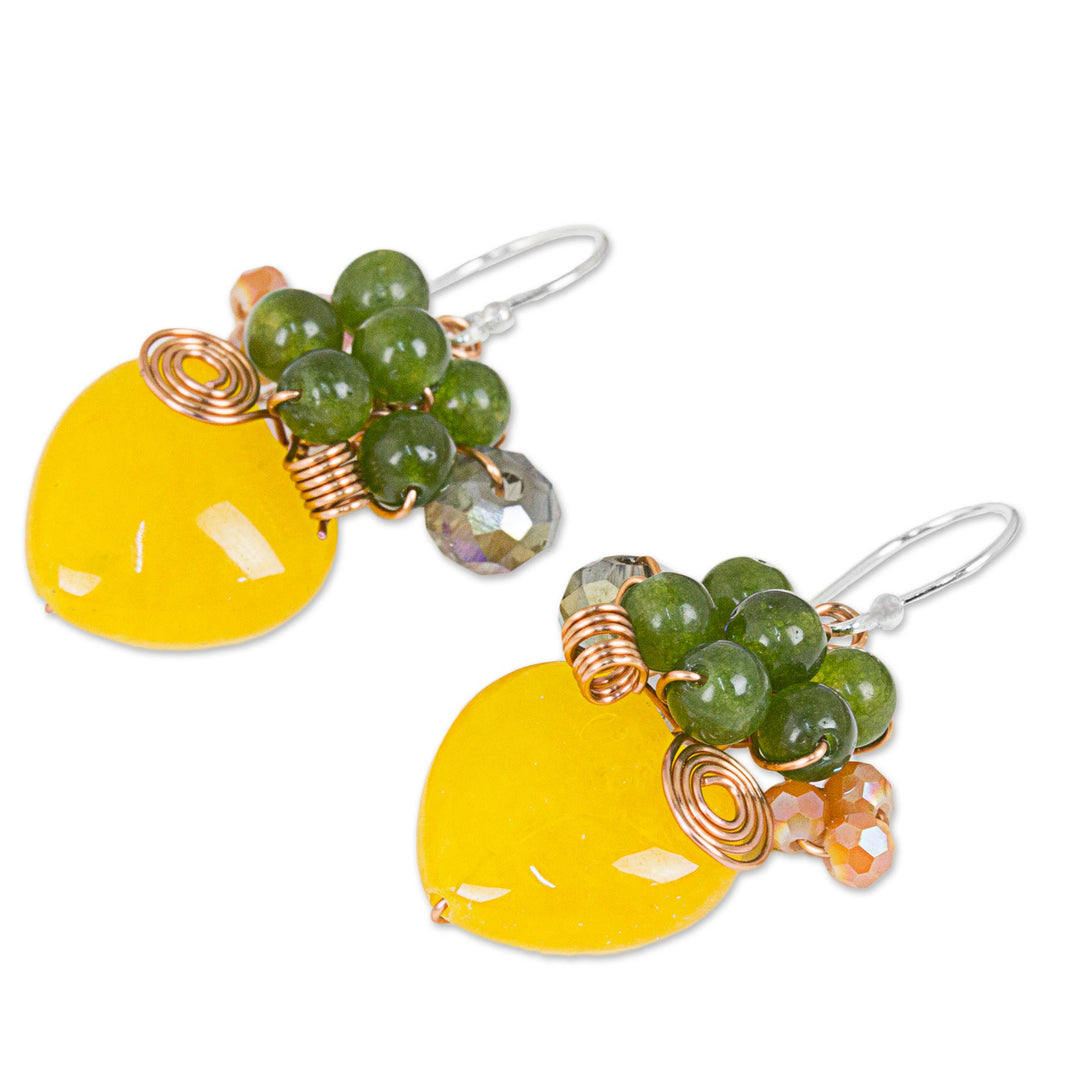 Heart Shaped Yellow Quartz and Glass Bead Dangle Earrings - Love Garden in Yellow