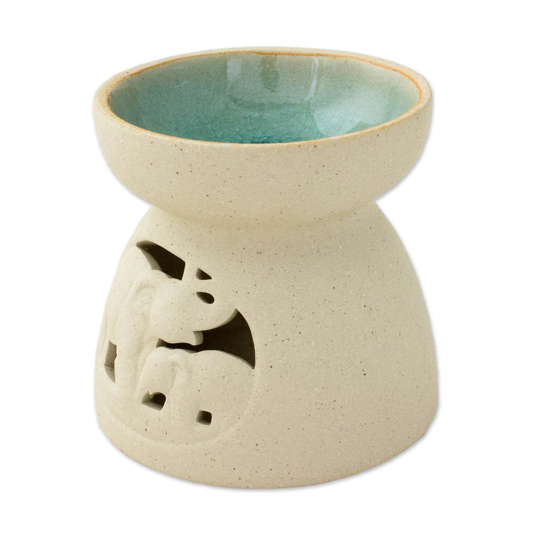 Ceramic Oil Warmer with Elephant Carving from Thailand - Mother and Child Elephant