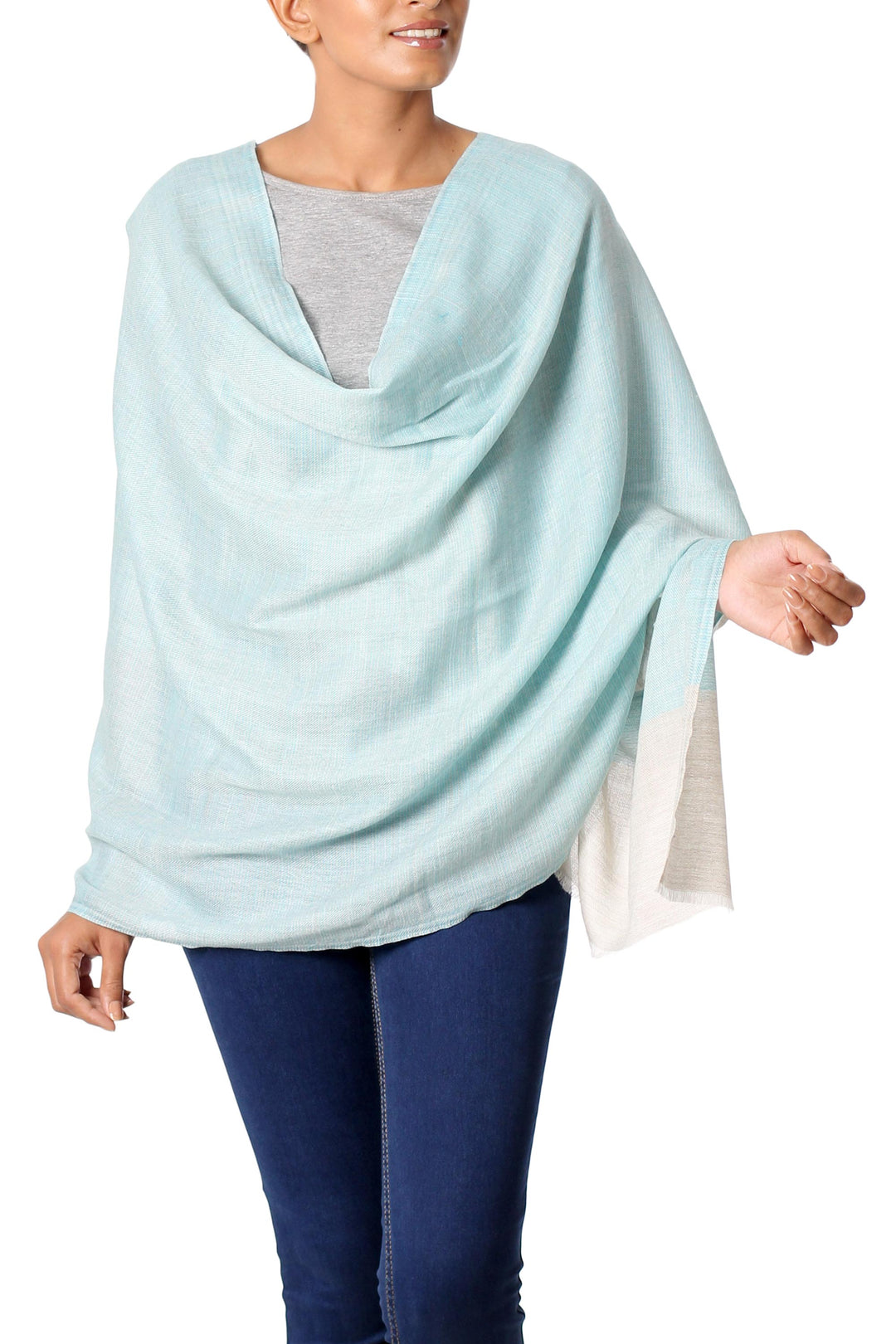 100% Wool Shawl in Light Blue and Grey Handmade in India - Blue Delight