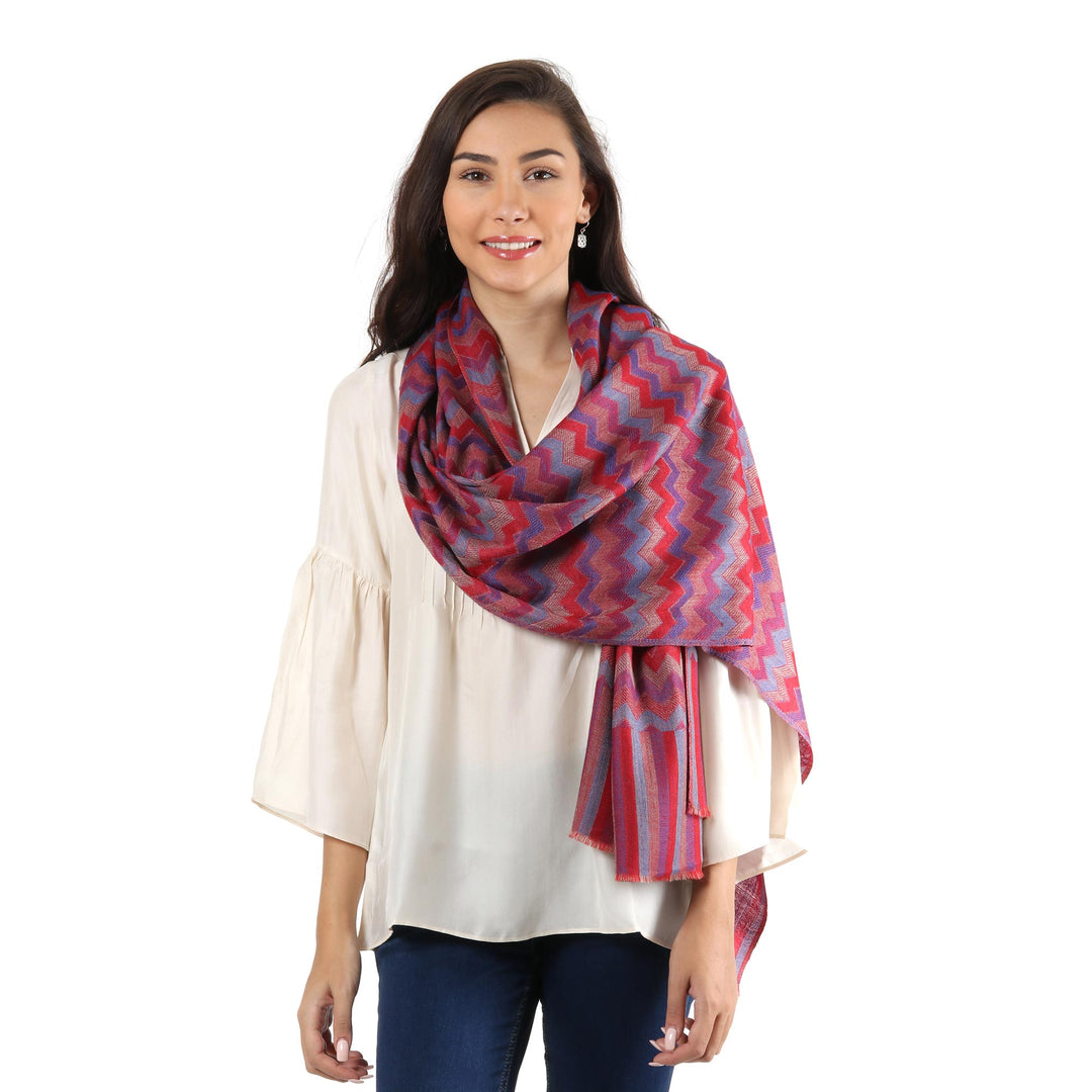 Colorful Zigzag Wool Shawl Handloomed in Indian - Poppy Romance