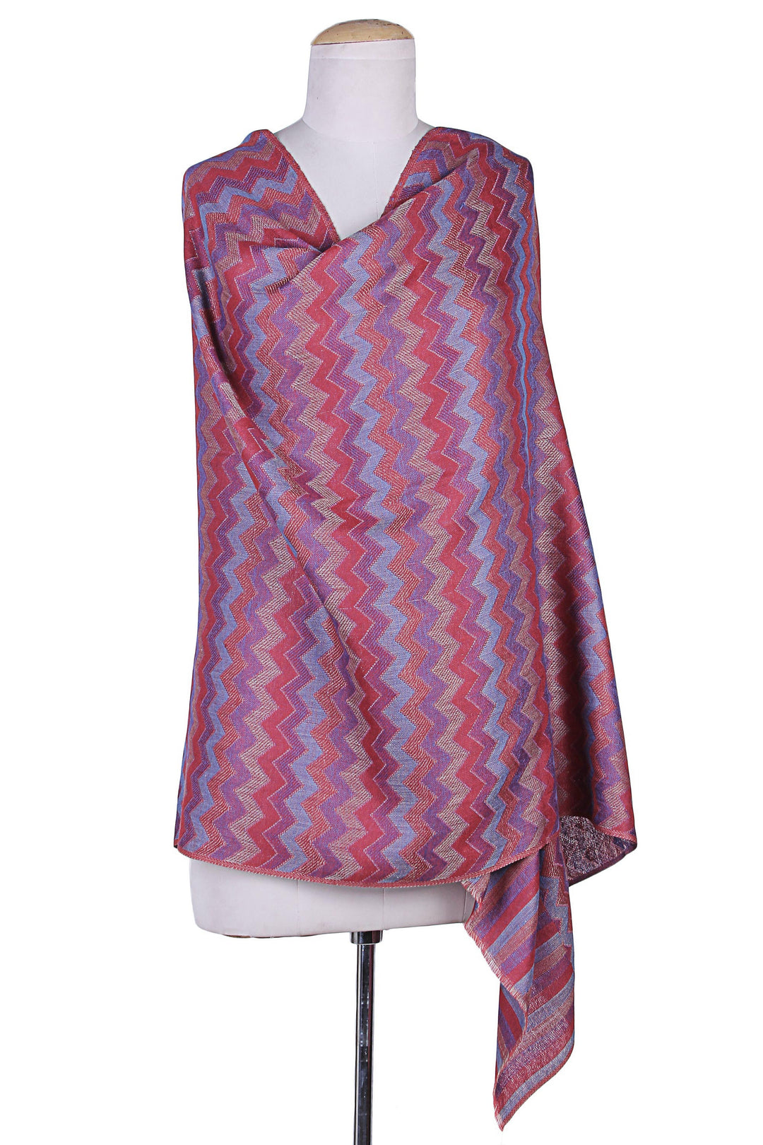 Colorful Zigzag Wool Shawl Handloomed in Indian - Poppy Romance