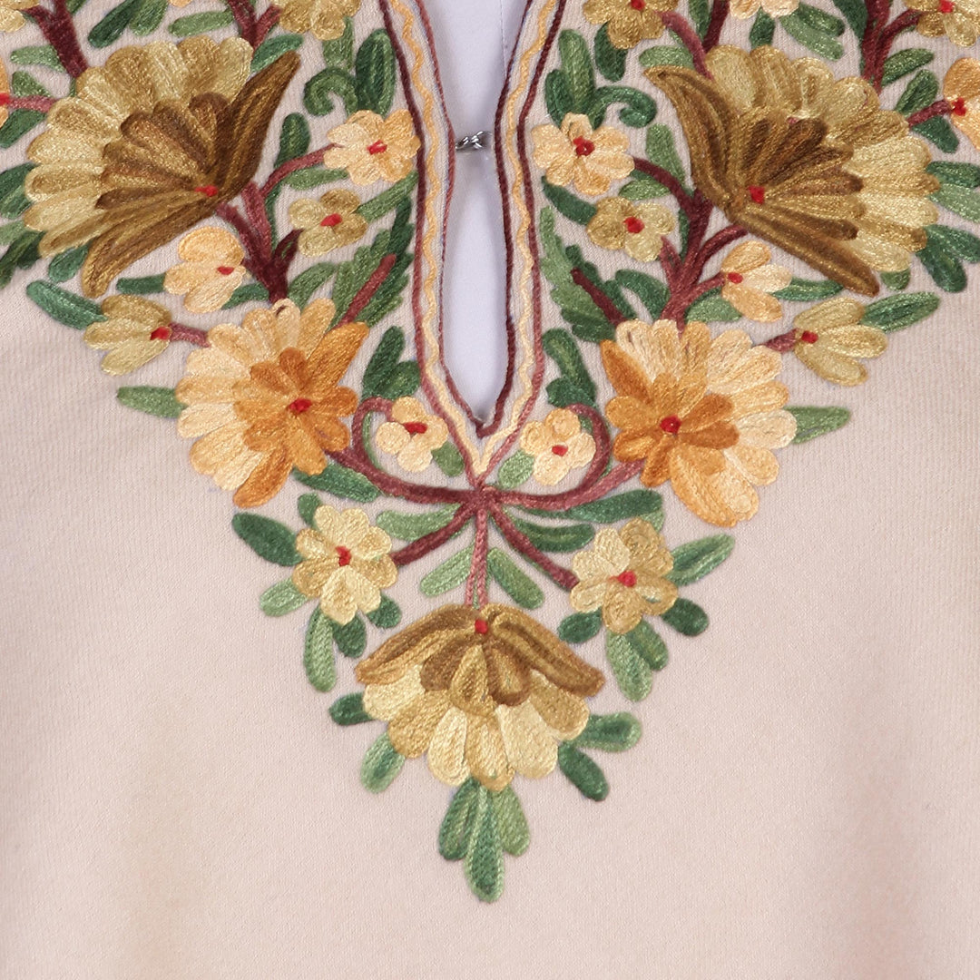 Aari Wool Poncho with Floral Motifs and Fringes from India - Aari Princess
