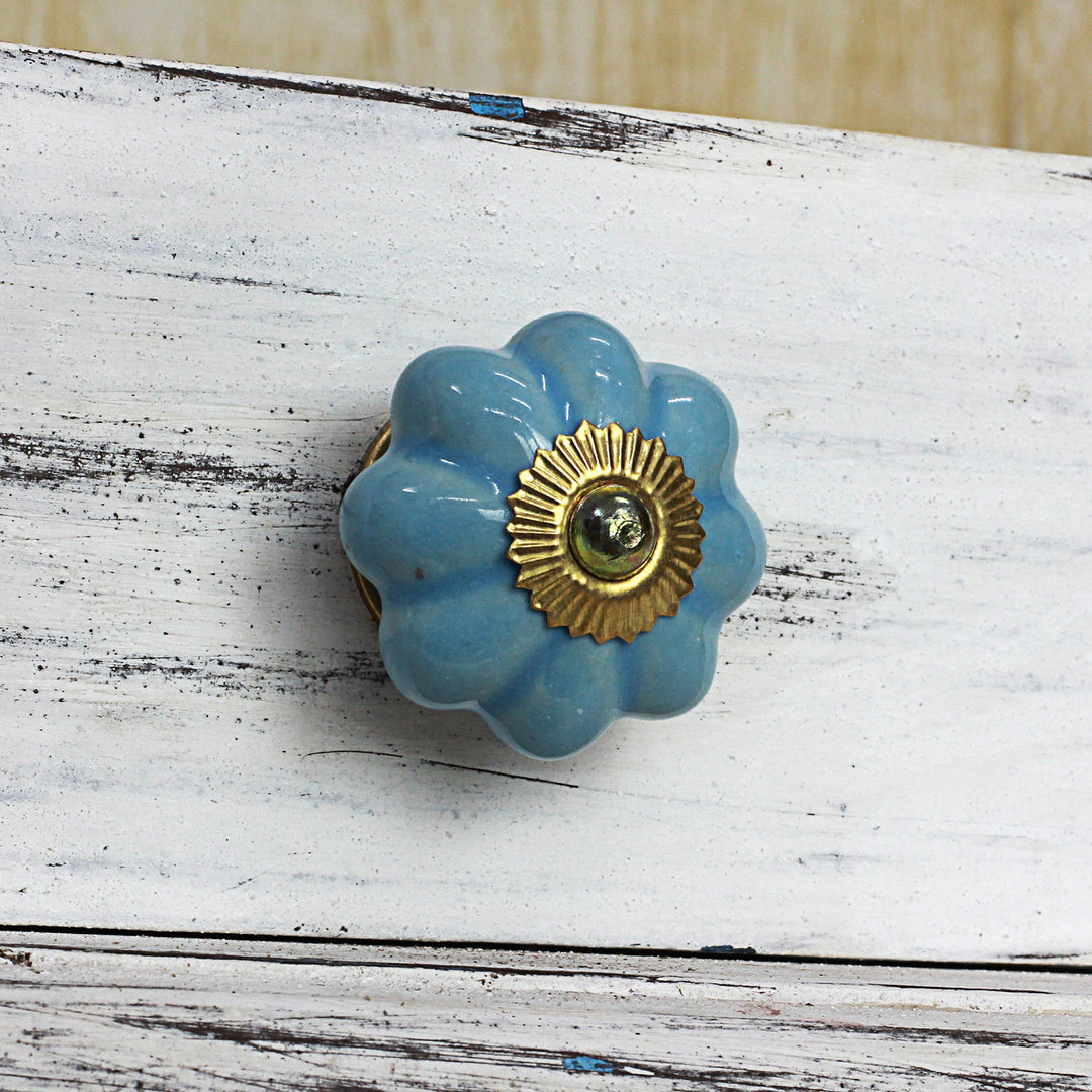 Ceramic Cabinet Knobs Floral Sky Blue (Set of 6) from India - Floral Beauties in Sky Blue
