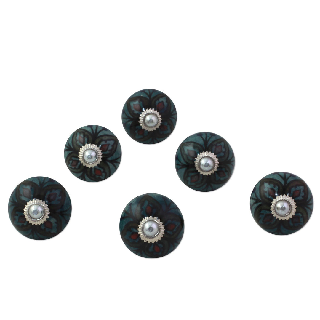 Ceramic Brass Cabinet Knobs Floral Green (Set of 6) India - Floral Helpers