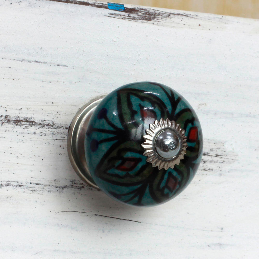 Ceramic Brass Cabinet Knobs Floral Green (Set of 6) India - Floral Helpers