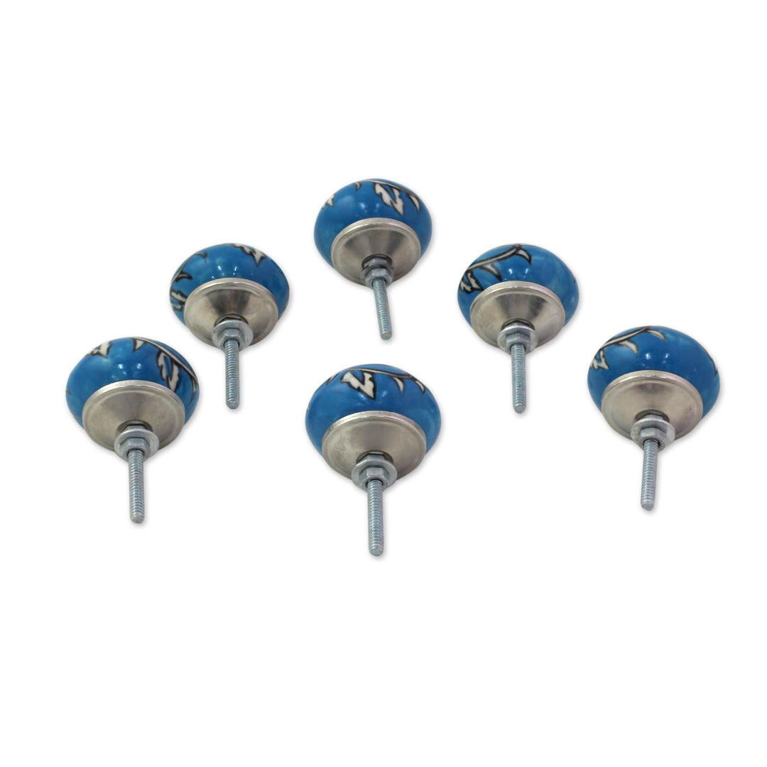 Ceramic Cabinet Knobs Floral Blue and White (Set of 6) India - Charming Blue Flowers