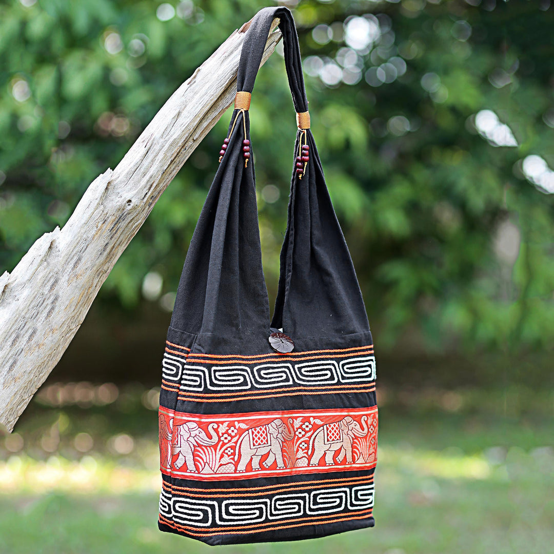 Cotton Blend Shoulder Bag Black Vermilion from Thailand - Thai Elephants in Vermilion