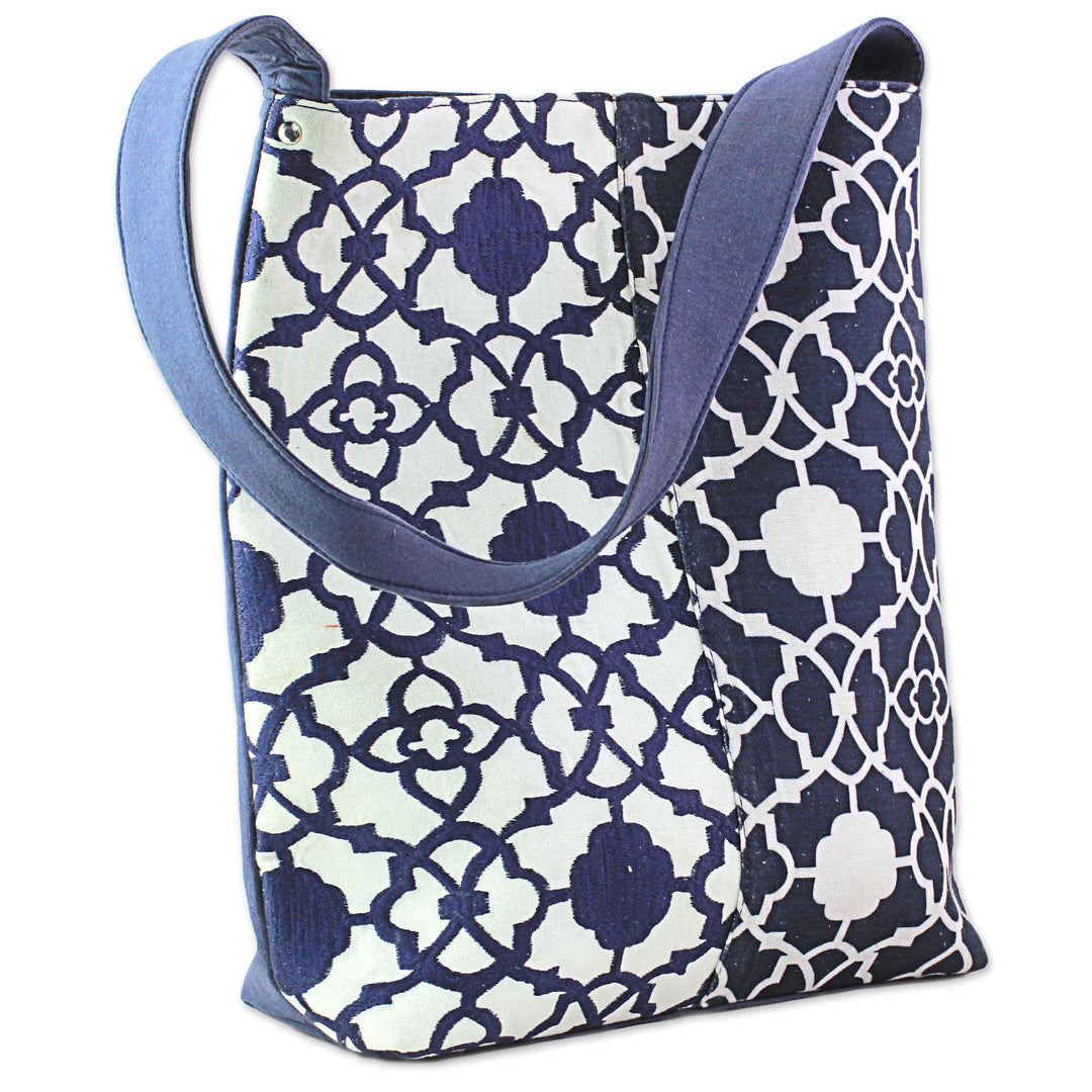 100% Cotton Embroidered Shoulder Handbag from India - Midnight Blue Elegance