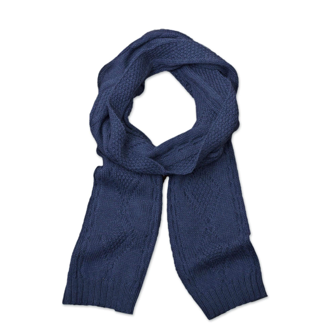 Knitted Unisex Scarf in Azure 100% Alpaca from Peru - Antique Cable Knit