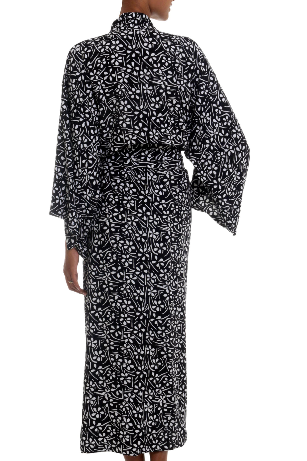 Black and White Floral Rayon Robe from Indonesia Artisan - Simple Luxury