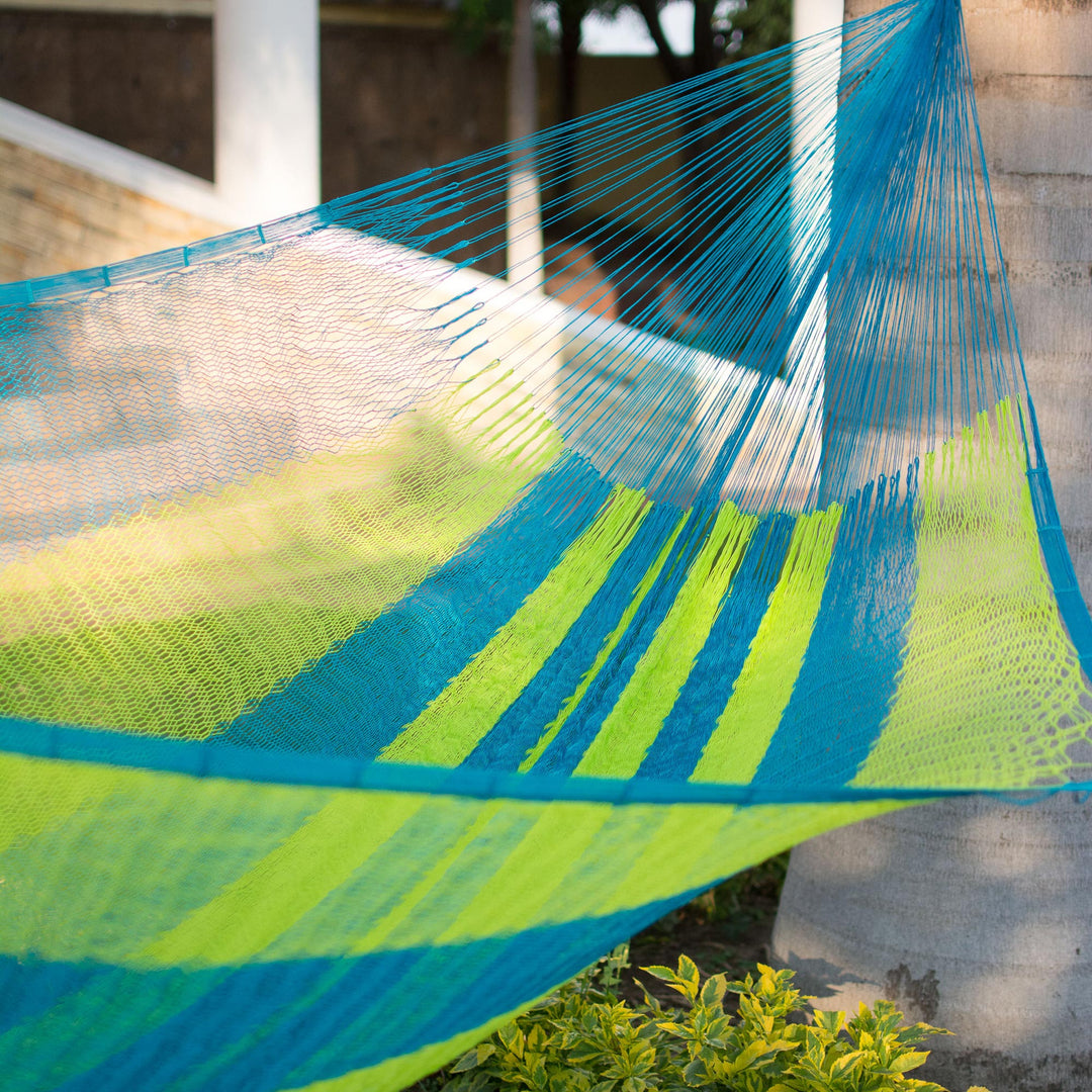 Neon Green and Blue Hand Woven Nylon Maya Hammock (Single) - Fluorescent Tropics