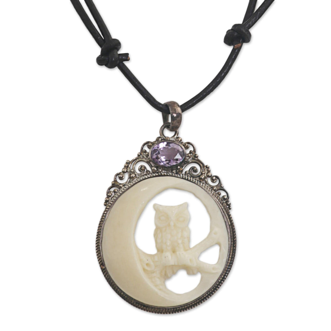 Bone Sterling Silver Amethyst Pendant Necklace Indonesia - Nighttime Owl