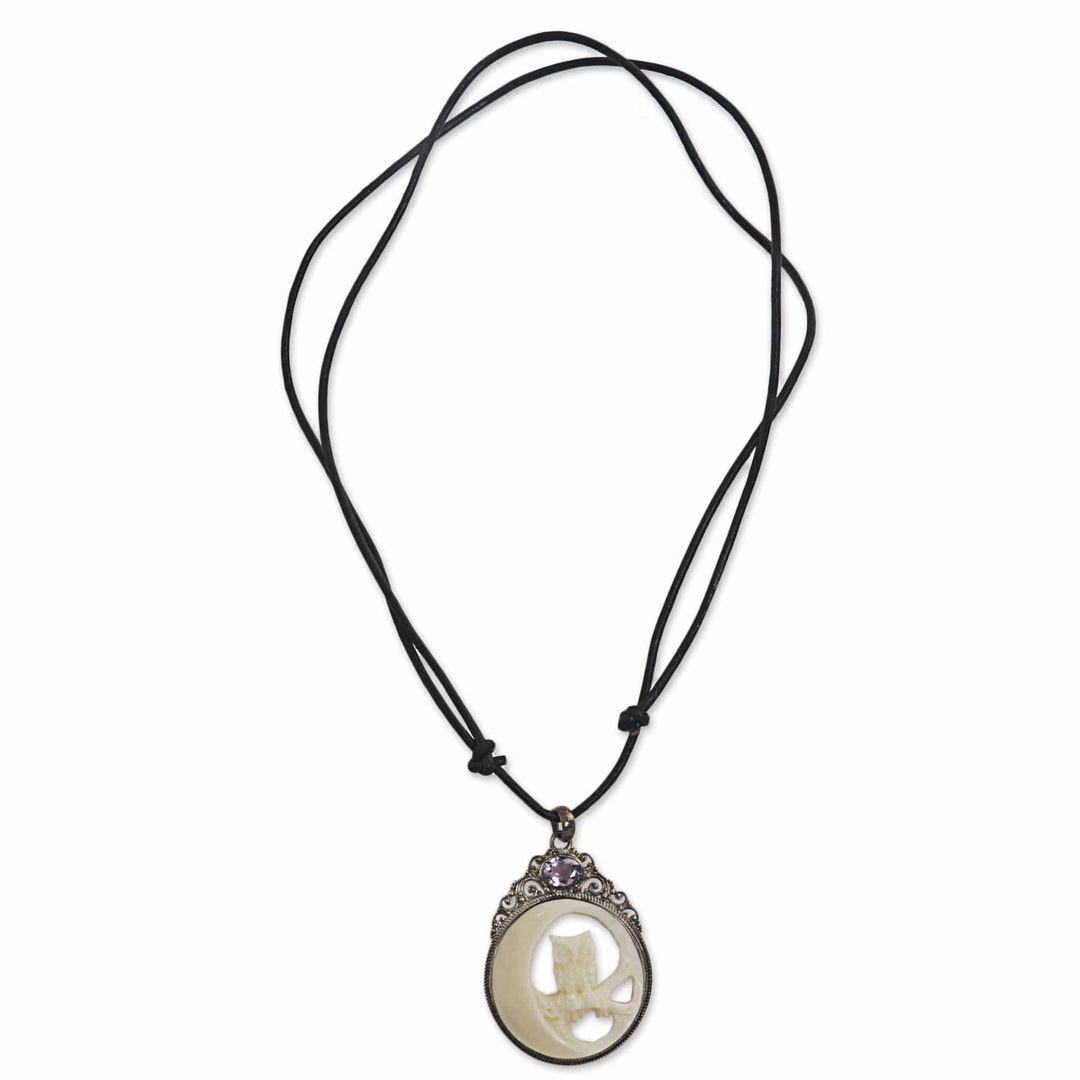 Bone Sterling Silver Amethyst Pendant Necklace Indonesia - Nighttime Owl