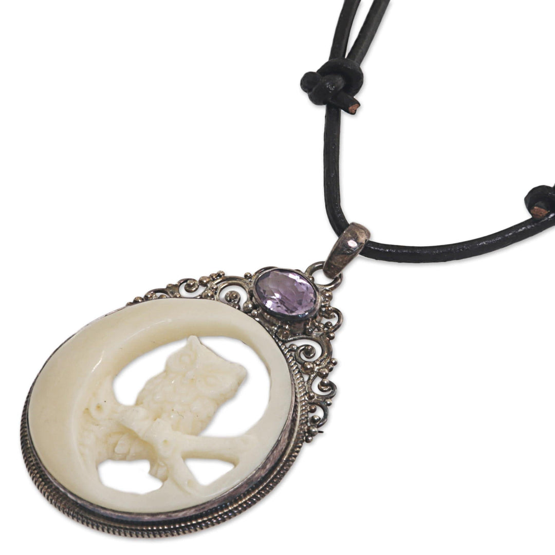 Bone Sterling Silver Amethyst Pendant Necklace Indonesia - Nighttime Owl
