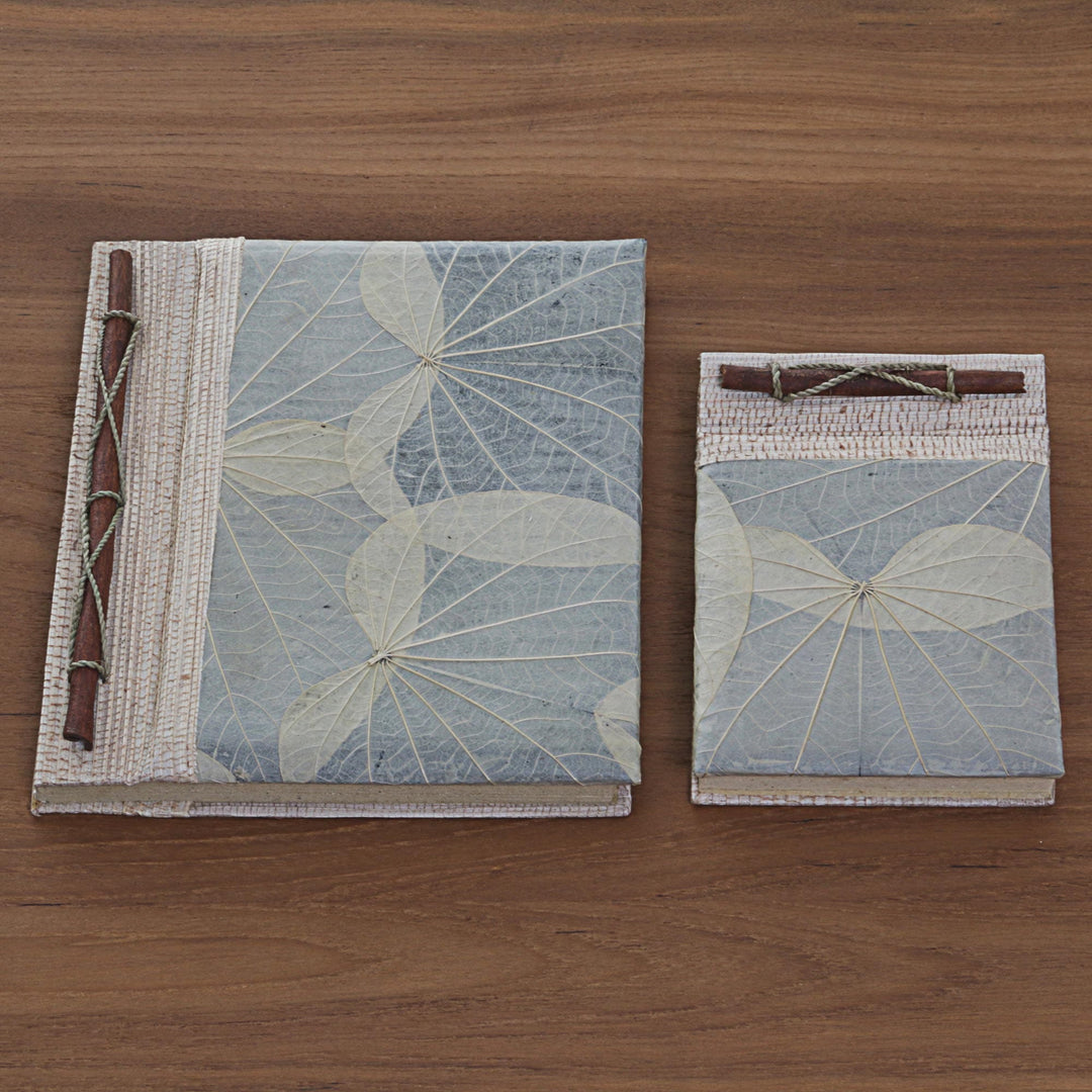 Handcrafted Pair of Rice Paper Notebooks from Indonesia - Autumn Spirit in Grey
