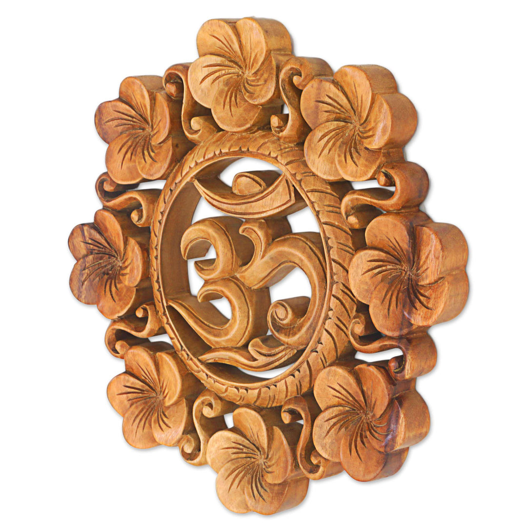 Suar Wood Wall Relief Panel Floral Om from Indonesia - Blooming Om