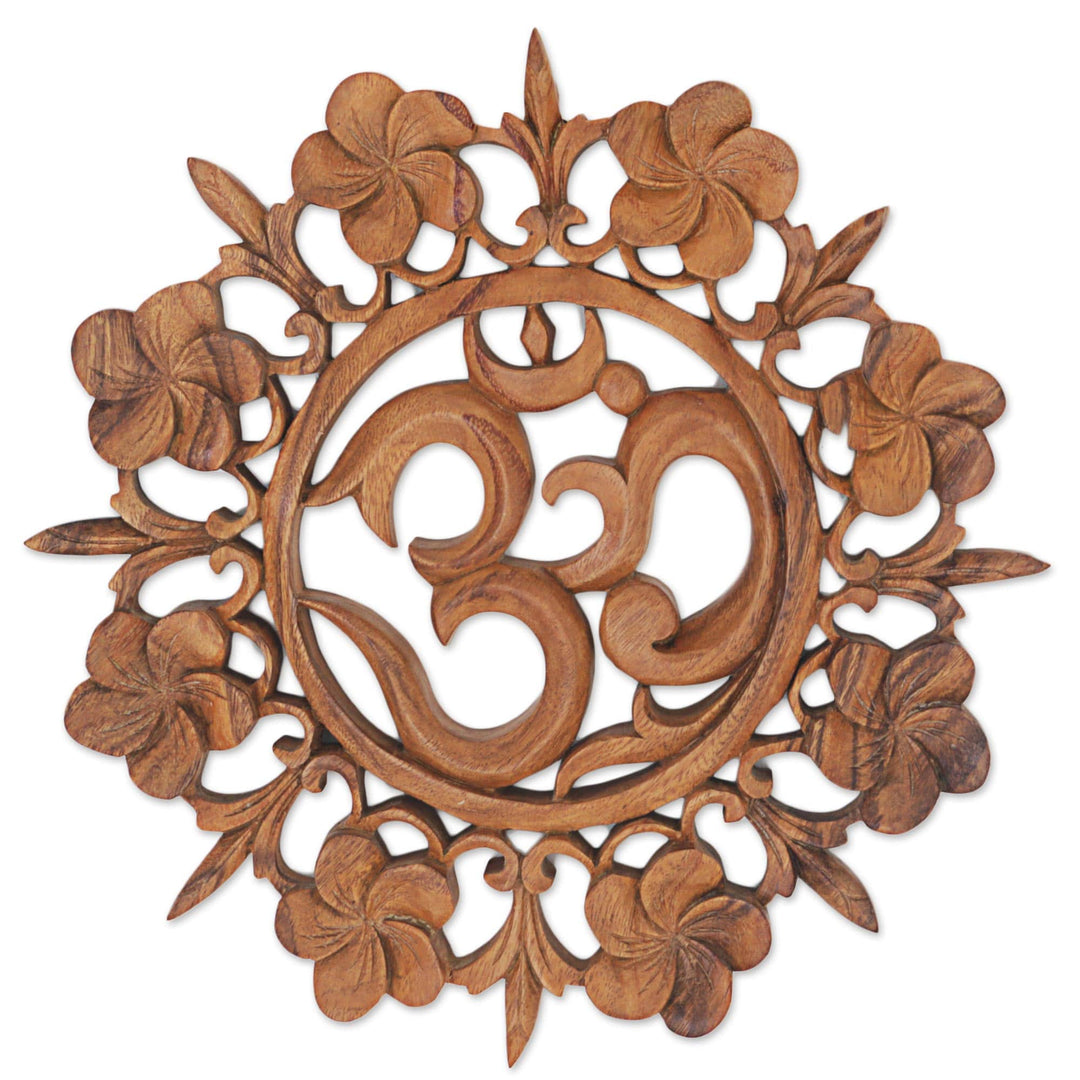 Hand Carved Wood Wall Relief Floral Om from Indonesia - Om is Life