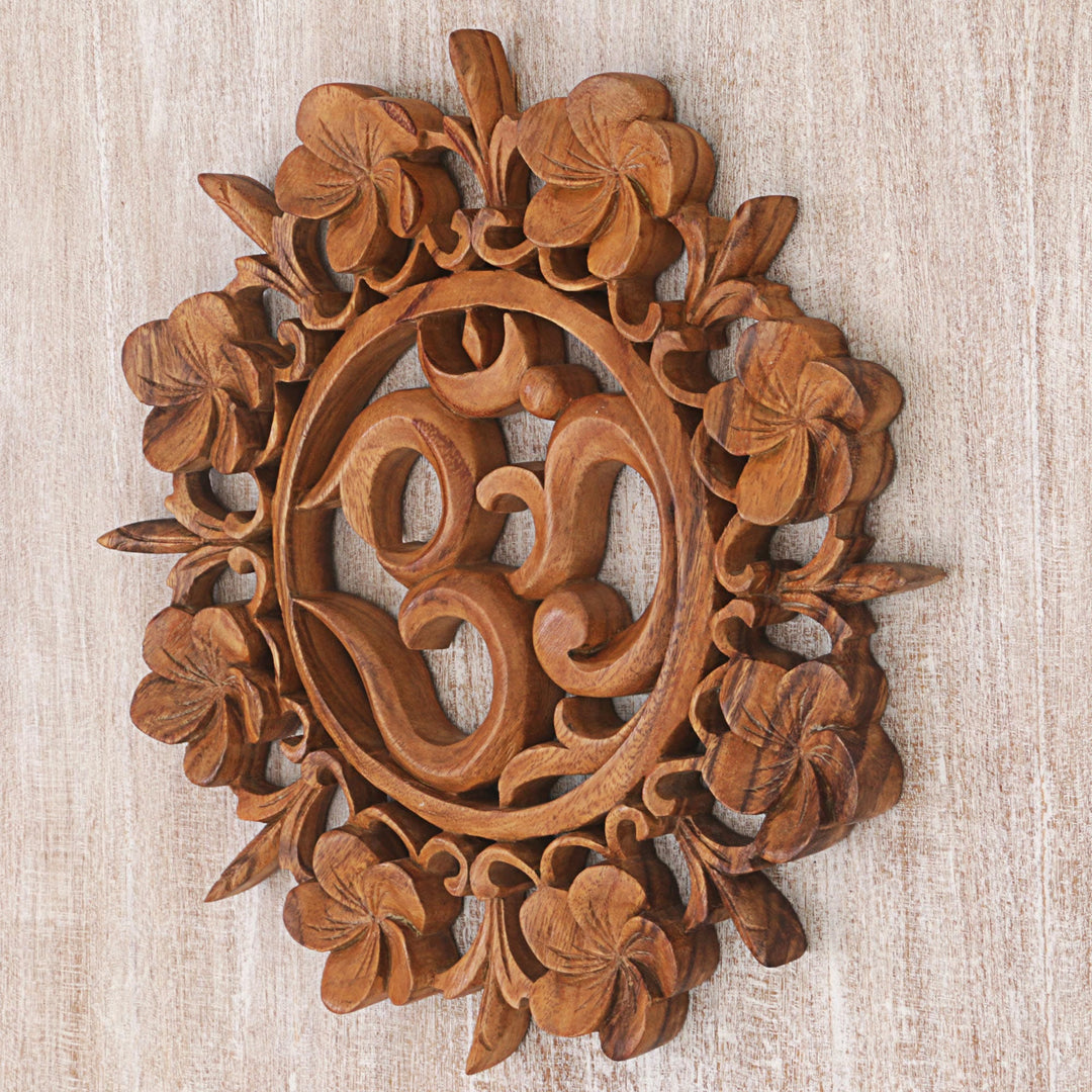 Hand Carved Wood Wall Relief Floral Om from Indonesia - Om is Life
