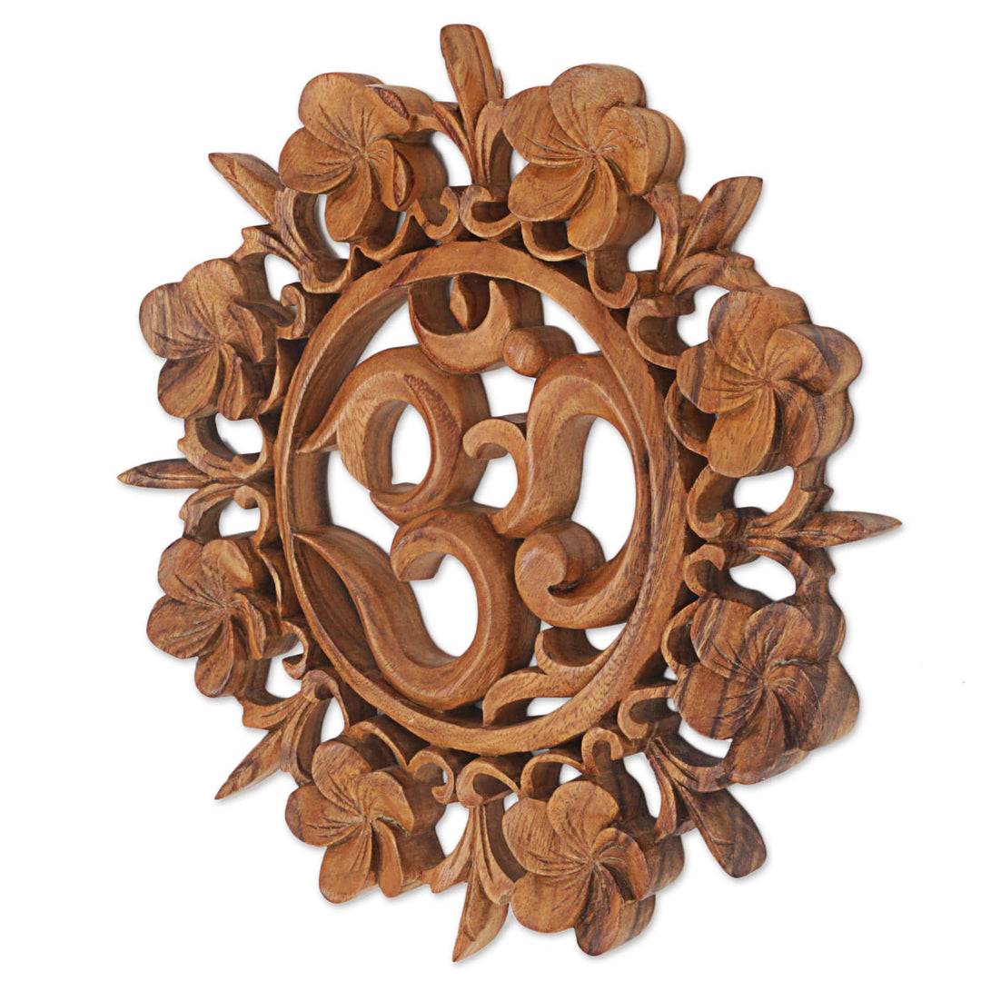 Hand Carved Wood Wall Relief Floral Om from Indonesia - Om is Life