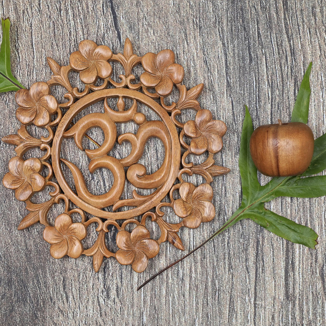 Hand Carved Wood Wall Relief Floral Om from Indonesia - Om is Life