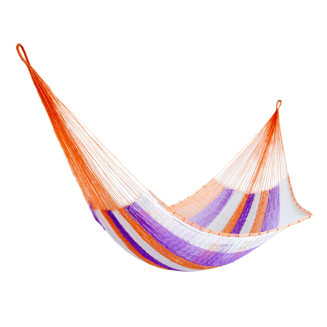 Hand Woven Nylon Purple Orange Hammock (Single) from Mexico - Melon Stripe