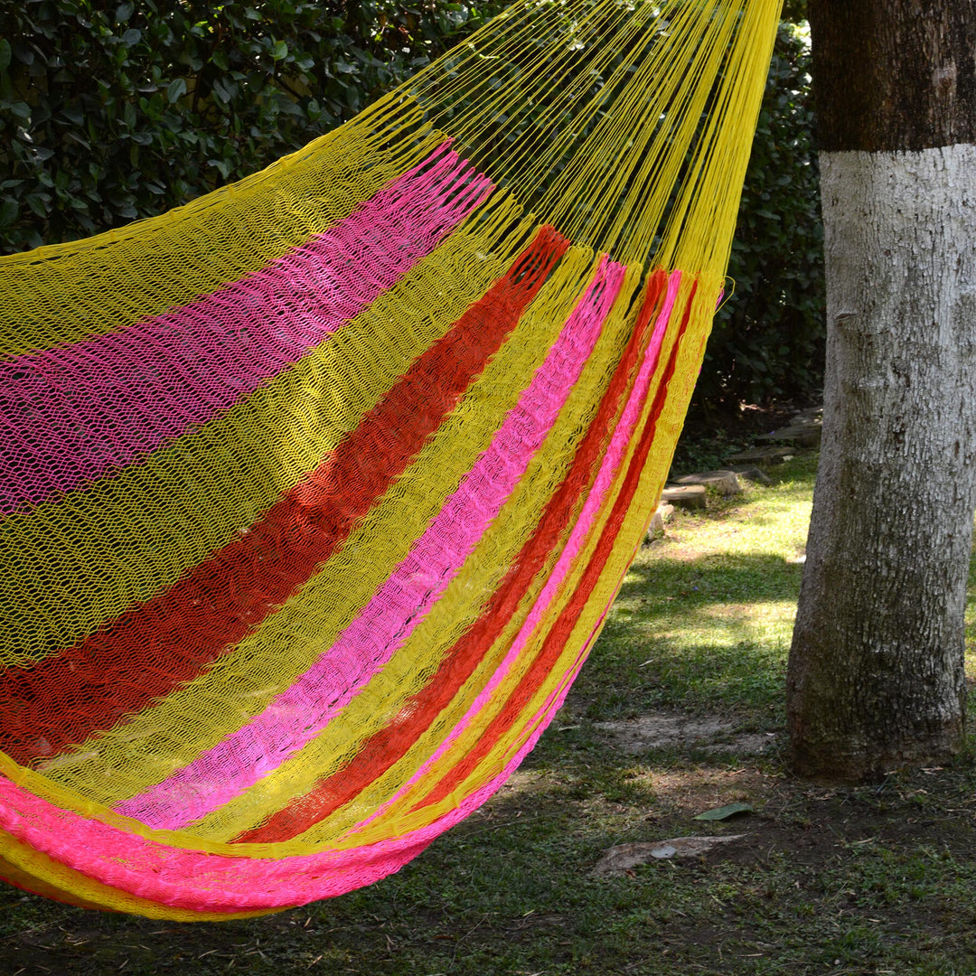 Hand Woven Nylon Pink Yellow Hammock (Double) from Mexico - Candy Delight