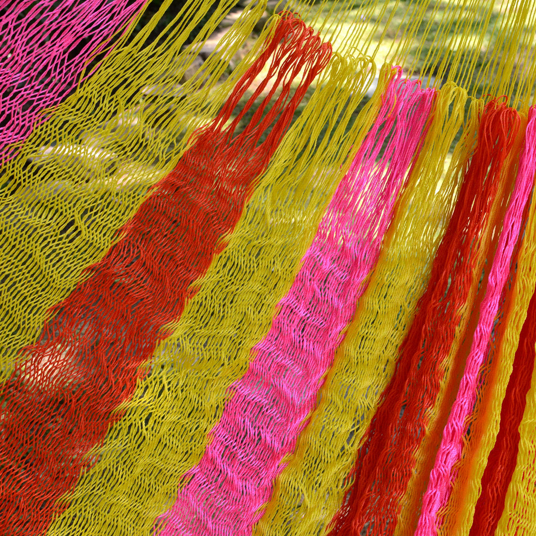 Hand Woven Nylon Pink Yellow Hammock (Double) from Mexico - Candy Delight