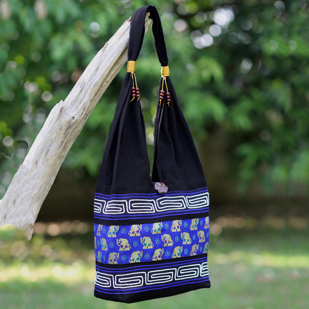Black and Blue Cotton Blend Shoulder Bag from Thailand - Thai Siam