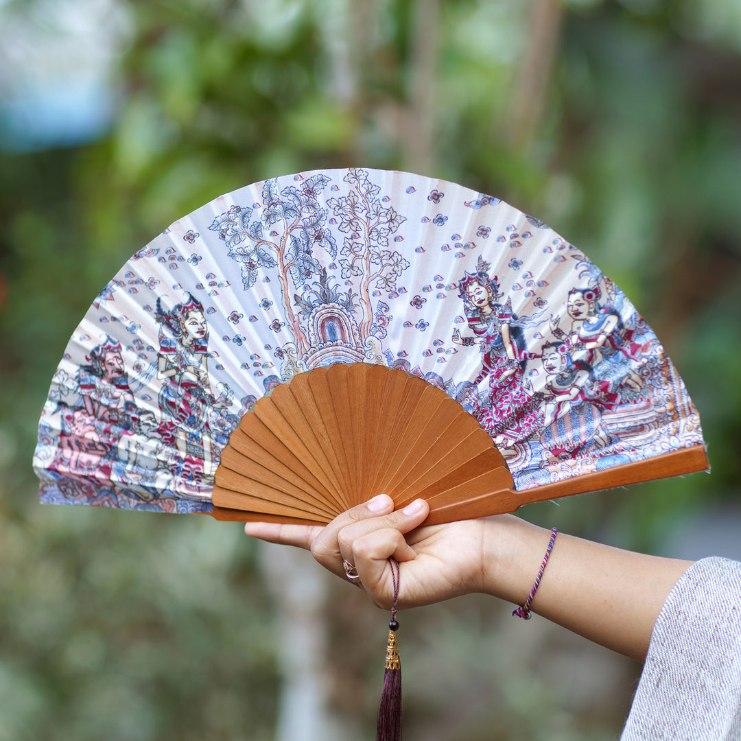 Silk and Wood Fan with Hindu Motifs in Wheat and Crimson - Rama Sita