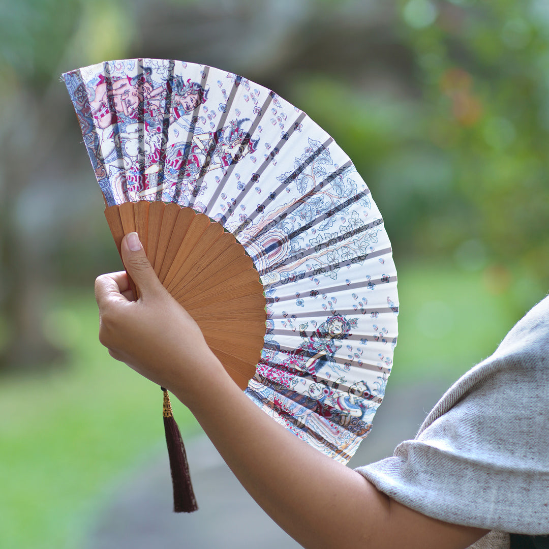 Silk and Wood Fan with Hindu Motifs in Wheat and Crimson - Rama Sita