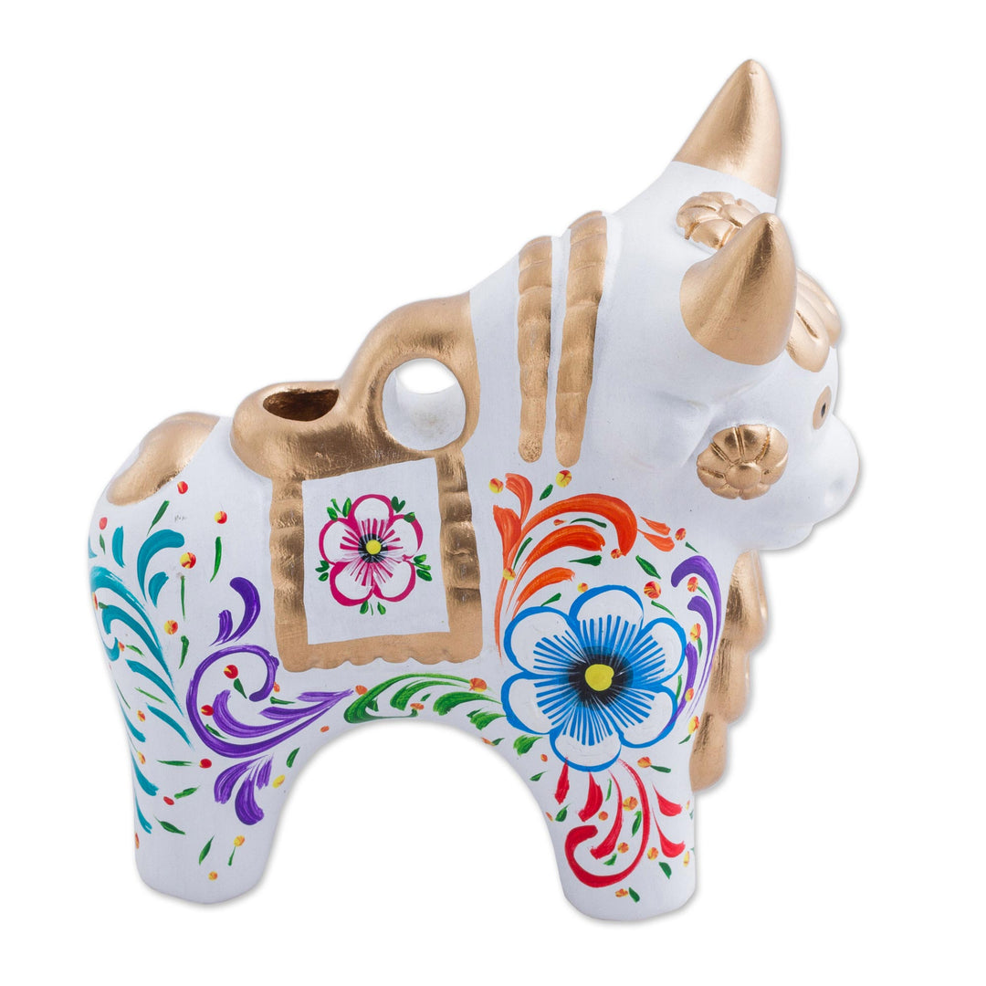 Handcrafted White Ceramic Bull Figurine from Peru - White Pucara Bull