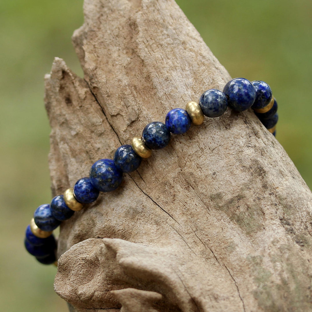 Lapis Lazuli and Brass Beaded Bracelet from Thailand - Beautiful Thai in Blue