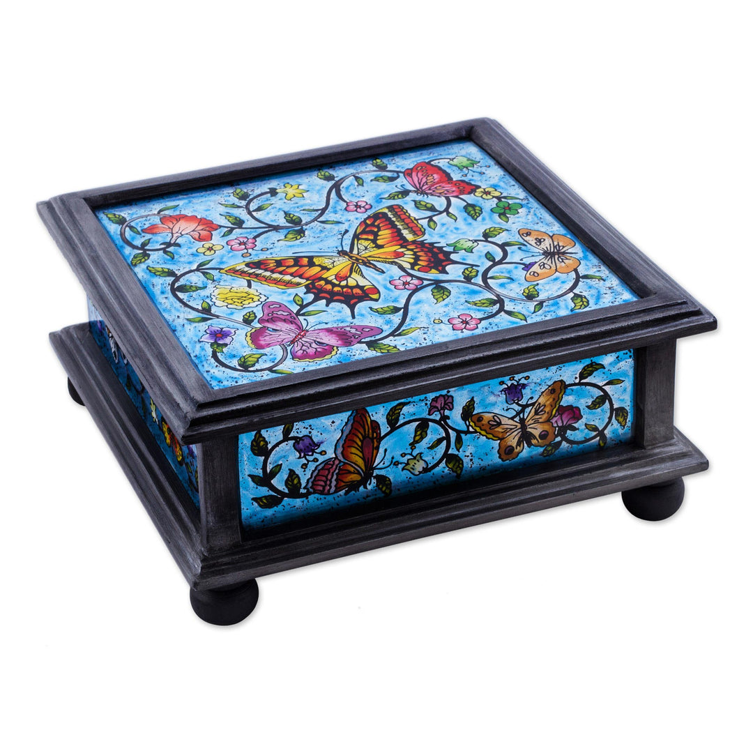 Reverse Painted Glass Blue Decorative Box with Butterflies - Blue Winter Butterflies