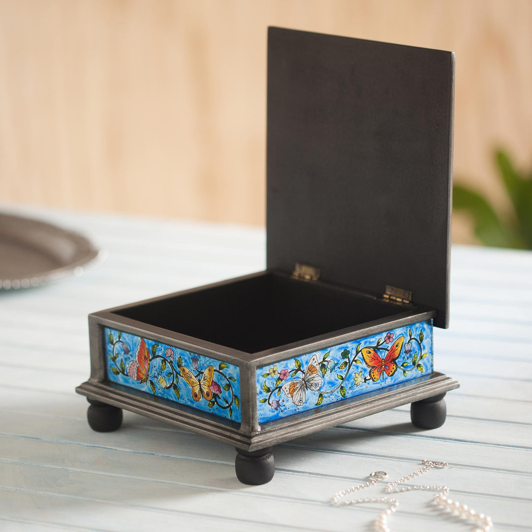 Reverse Painted Glass Blue Decorative Box with Butterflies - Blue Winter Butterflies