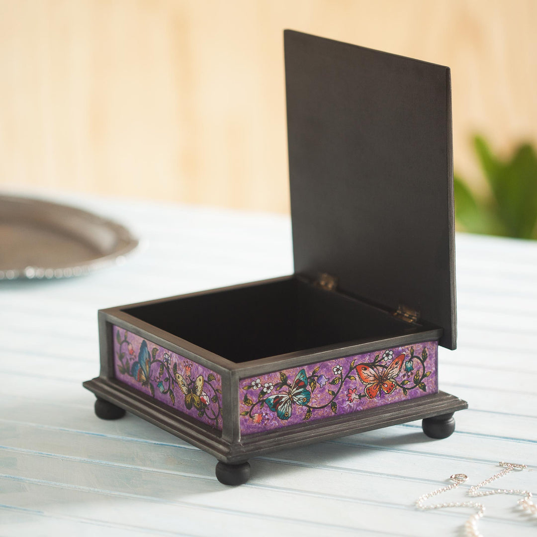 Reverse Painted Glass Decorative Box with Butterflies - Purple Winter Butterflies