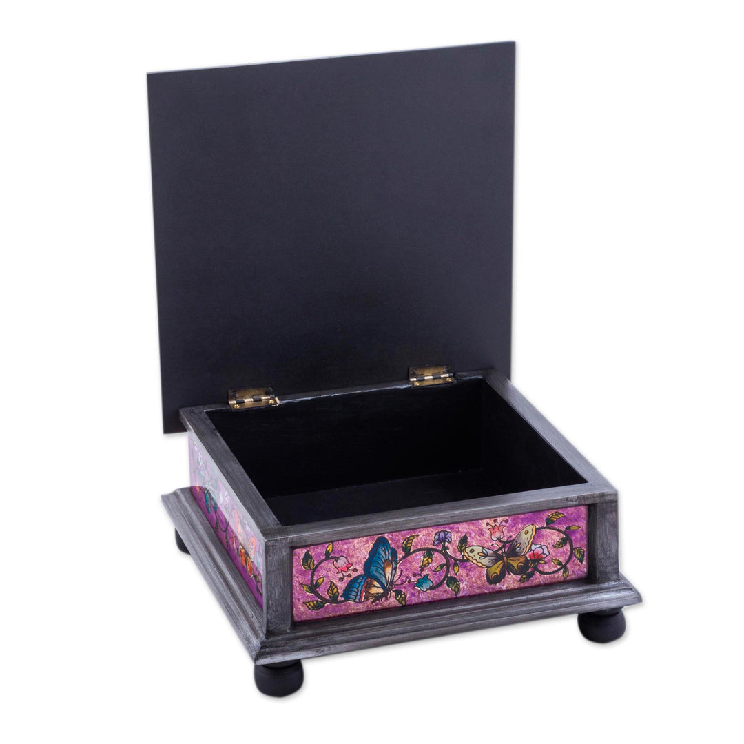 Reverse Painted Glass Decorative Box with Butterflies - Purple Winter Butterflies