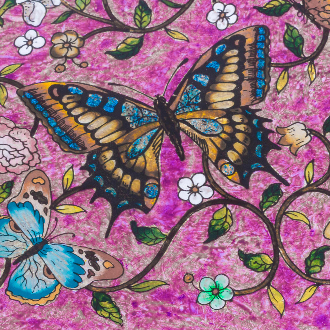 Reverse Painted Glass Decorative Box with Butterflies - Purple Winter Butterflies