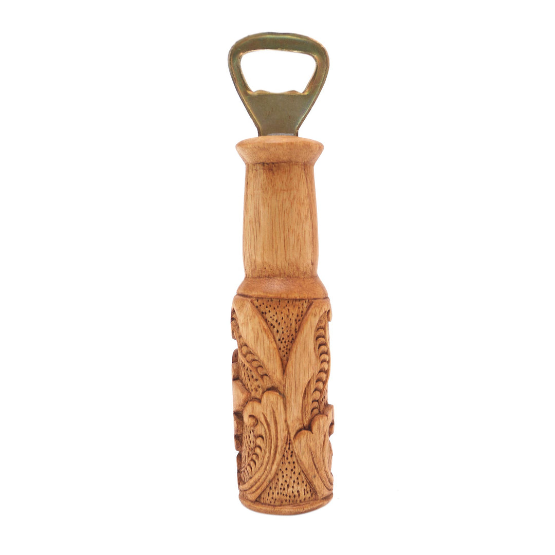 Hand Carved Wood Bottle Opener with Leaf Motif from Bali - Bottles Up