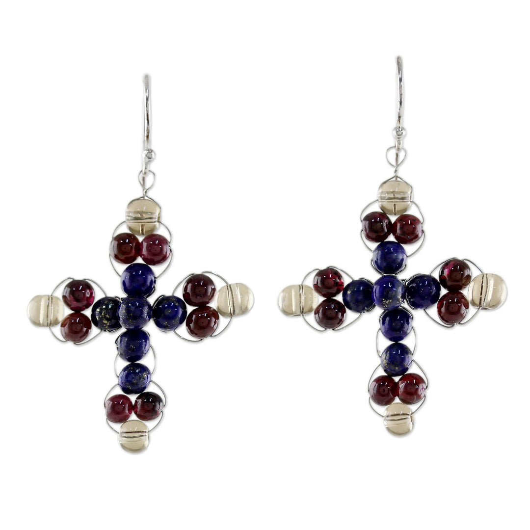 Garnet and Lapis Lazuli Cross Earrings from Thailand - Cross of Hope