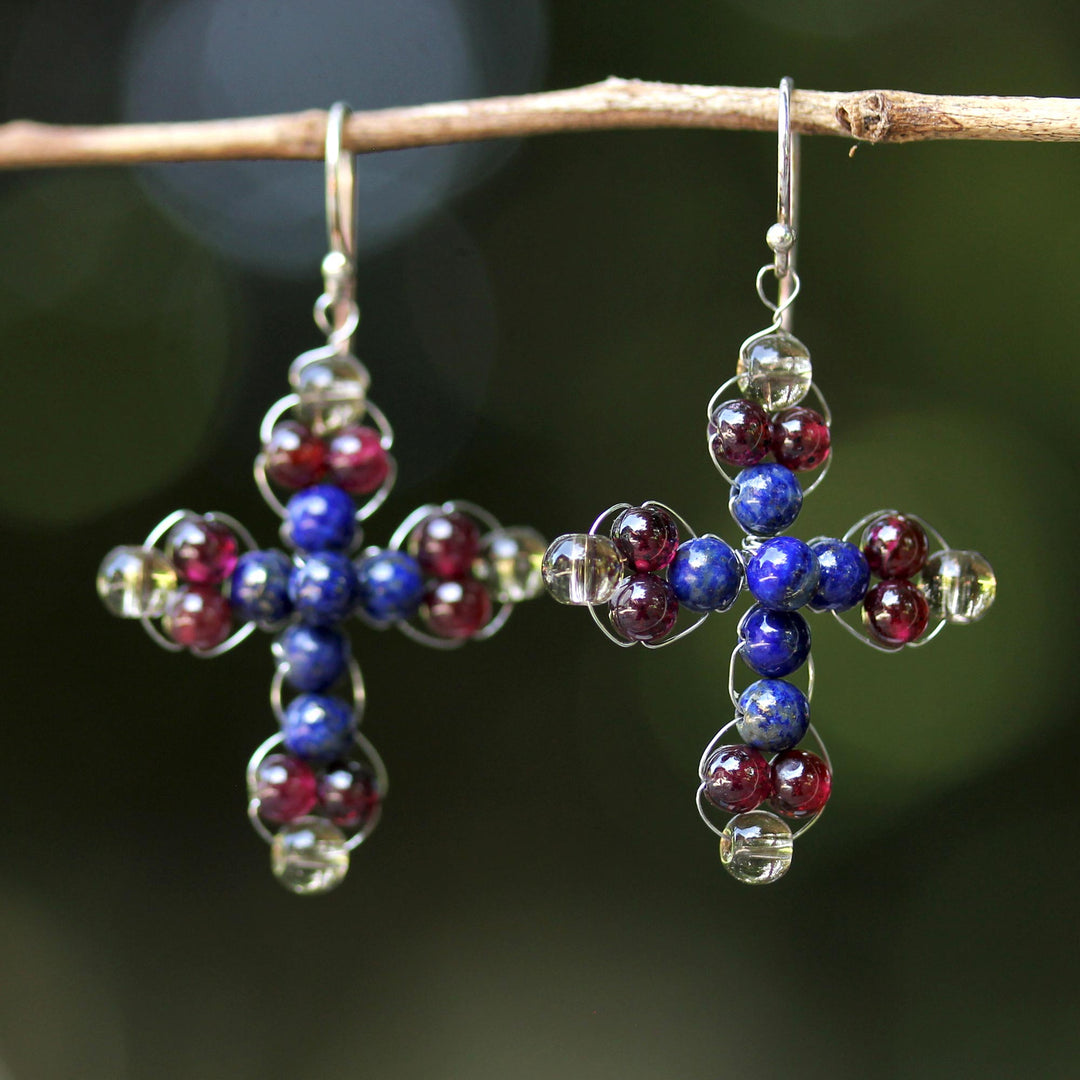 Garnet and Lapis Lazuli Cross Earrings from Thailand - Cross of Hope